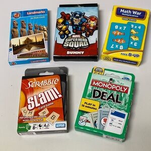 Hasbro Scrabble Slam Monopoly Deal Marvel Rummy Math War & Landmarks Card Games